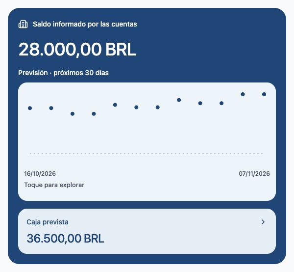 Saldo informado por las cuentas. Interfaz de la app · datos ficticios.
