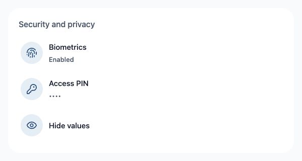 Security and privacy. App interface · fictional data.