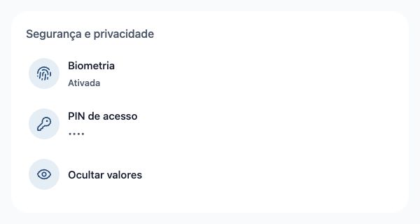 Segurança e privacidade. Interface do app · dados fictícios.